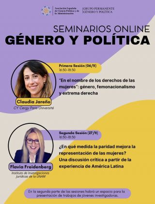 Seminarios online de Género y Política organizados por el Grupo   Permanente de Género y Política de la AECPA