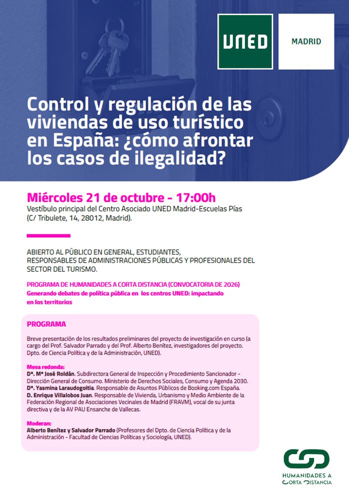  Invitación actividad Humanidades a corta distancia: Control y regulación de las Viviendas de Uso Turístico en España: ¿cómo afrontar los casos de ilegalidad? - UNED Escuelas Pías 